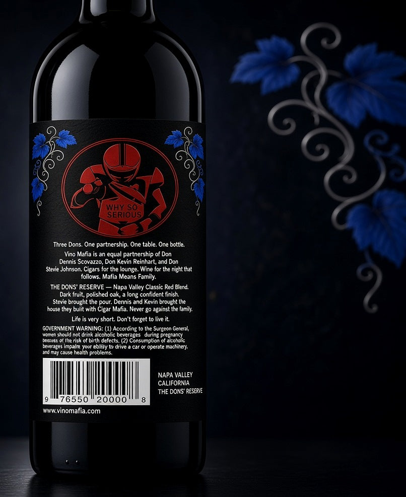 The Dons' Reserve — back label · WHY SO SERIOUS · Napa Valley Classic Red Blend