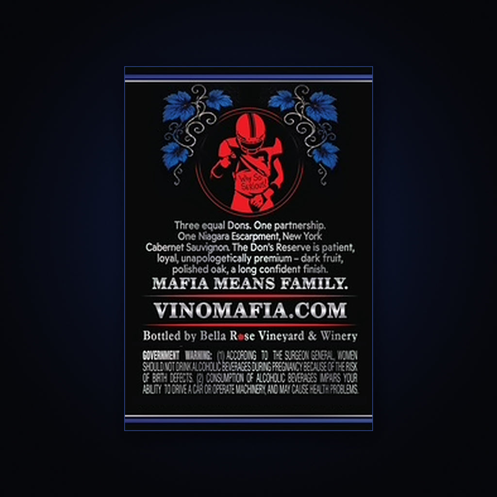 The Don's Reserve 2024 Cabernet Sauvignon, Niagara Escarpment, Vino Mafia back label: Mafia Means Family