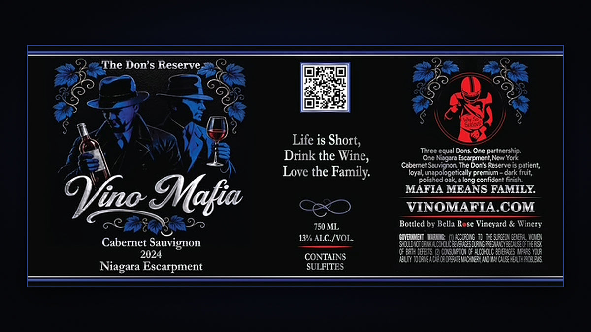 The Don's Reserve 2024 Cabernet Sauvignon, Niagara Escarpment, Vino Mafia full label: Life is Short, Drink the Wine, Love the Family