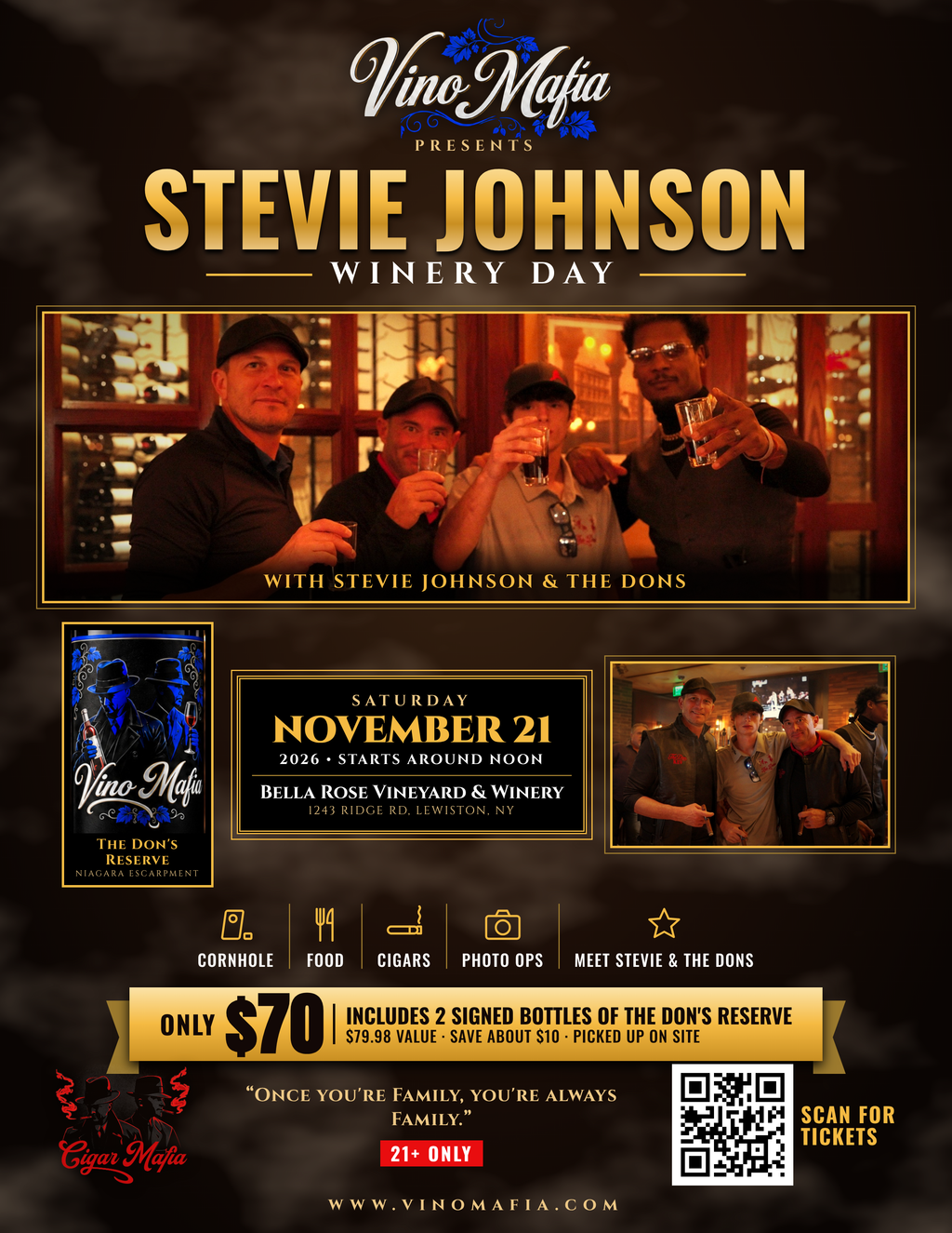Vino Mafia presents Winery Day with Stevie Johnson & the Dons: Saturday Nov 21 2026, Noon until 3 PM, Bella Rose Vineyard & Winery, Lewiston NY. Two signed bottles of The Don's Reserve, $70. 21+ only