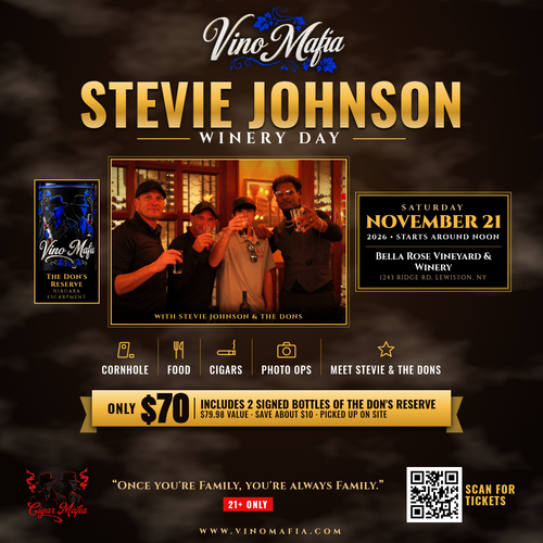 Winery Day with Stevie Johnson & the Dons, Sat Nov 21 2026, Noon until 3 PM, Bella Rose Vineyard & Winery, Lewiston NY. Buy two bottles of The Don's Reserve, get a free ticket