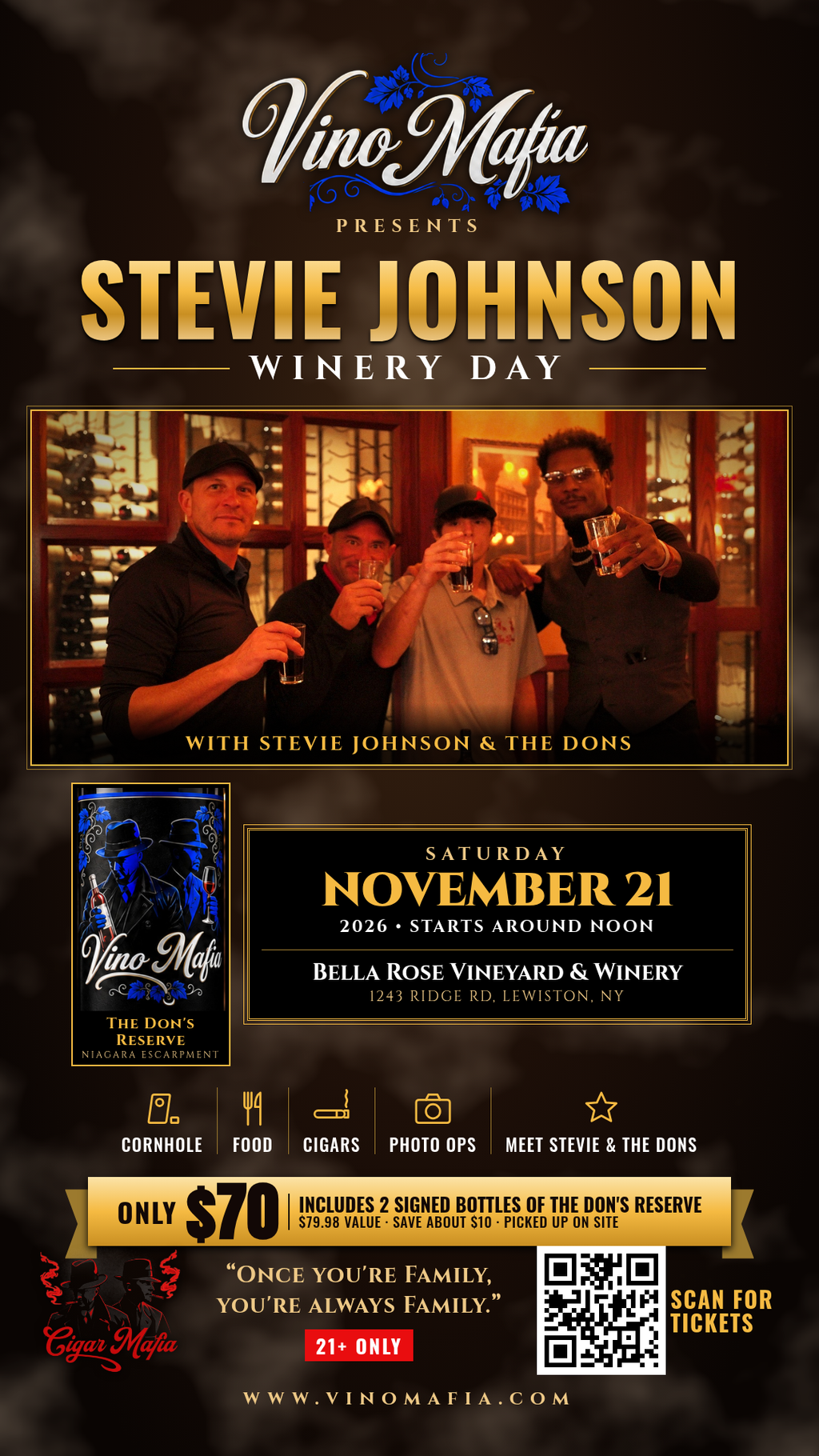 Winery Day flyer: Sat Nov 21, Noon until 3 PM at Bella Rose Vineyard & Winery, cornhole, food, cigars, photo ops, 21+